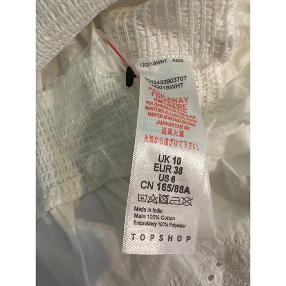 Topshop Shirred Embroidered White Ruffle Blouse Blouson Sleeves Size 6 Victorian - Picture 15 of 15